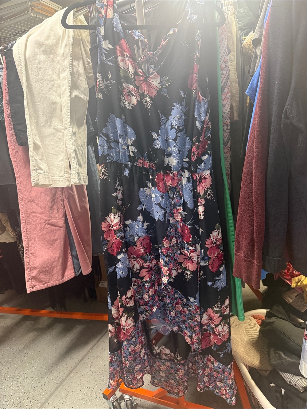 Nicole Miller Black High-Low Floral Maxi Dress with Pink & Blue Flowers